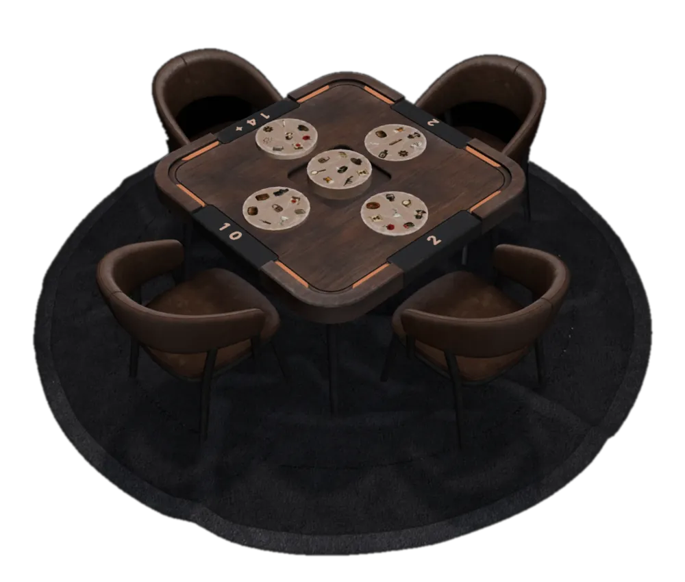 The Glyph Rush table in Second Life: four leather chairs around a wooden table with five cards and score counters